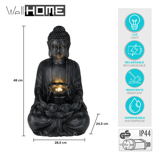 Fonte Buda Well Home com luzes LED para espaços externos, 28,5 x 24,5 x 48 cm Fonte Buda Well Home com luzes LED para espaços externos, 28,5 x 24,5 x 48 cm