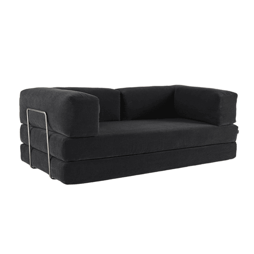 Sofá cama futon conversível em veludo canelado e estrutura cromada, 3 lugares, Seventies, Antracite, 200x100x72 cm