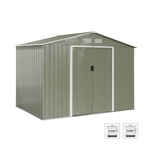 Abrigo de jardim em metal com kit de ancoragem 5,29m², Ferrain, Verde e branco, 277x194x203 cm