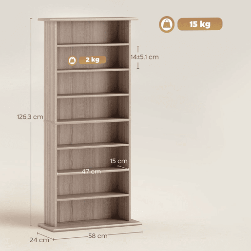 HOMCOM Estante para CDs e DVDs com 8 Compartimentos e Prateleiras Ajustáveis 58x24x126,3 cm em Madeira