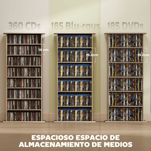 HOMCOM Estante para CDs e DVDs com 8 Compartimentos e Prateleiras Ajustáveis 58x24x126,3 cm em Madeira