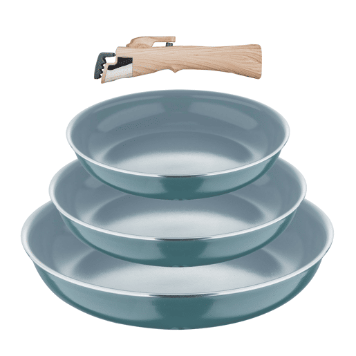 Conjunto de 3 frigideiras Bergner Click&Cook Ø18Ø20Ø24cm em alumínio prensado reciclado verde + cabo removível