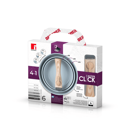Conjunto de 3 frigideiras Bergner Click&Cook Ø18Ø20Ø24cm em alumínio prensado reciclado verde + cabo removível