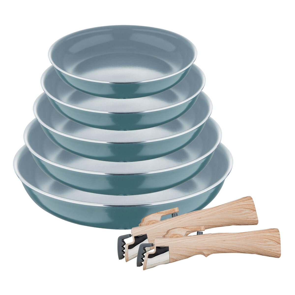 Set de 5 sartenes ø18ø20ø22ø24ø26cm en aluminio prensado verde + 2 mangos extraíbles click&cook bergner