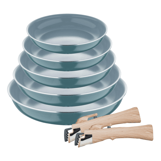 Conjunto de 5 frigideiras Ø18Ø20Ø22Ø24Ø26cm em alumínio prensado, verde + 2 cabos removíveis Click&Cook da Bergner