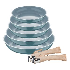 Conjunto de 5 frigideiras Ø18Ø20Ø22Ø24Ø26cm em alumínio prensado, verde + 2 cabos removíveis Click&Cook da Bergner