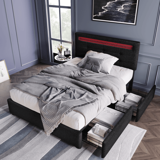 Cama estofada 90x200cm - Com LED e 2 gavetas, Cabeceira ajustável, Estrado de madeira, Inclui colchão - Preto