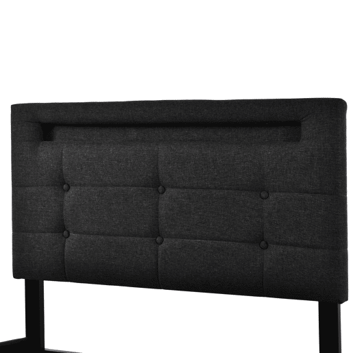 Cama estofada 90x200cm - Com LED e 2 gavetas, Cabeceira ajustável, Estrado de madeira, Inclui colchão - Preto