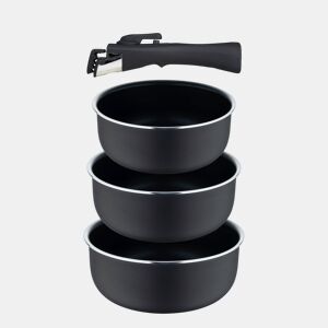 Conjunto de 3 panelas Bergner Click&Cook Ø16Ø18Ø20cm em alumínio prensado preto com indicador de temperatura + cabo removível