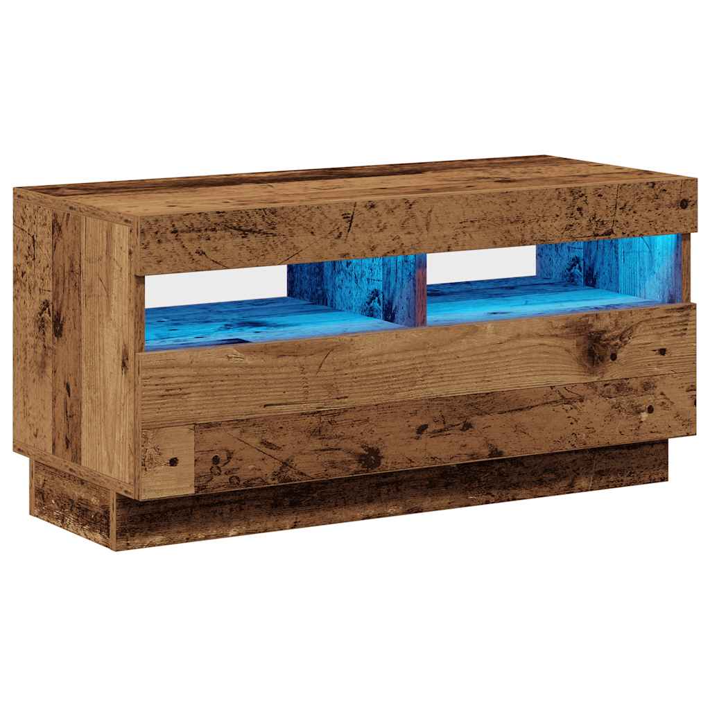 mueble tv luces led madera ingenieria envejecida 80x35x40 cm