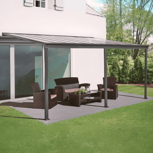 Pérgola 3x5m adossada alumínio com calha, Avenio, Antracite, 557x303x258 cm