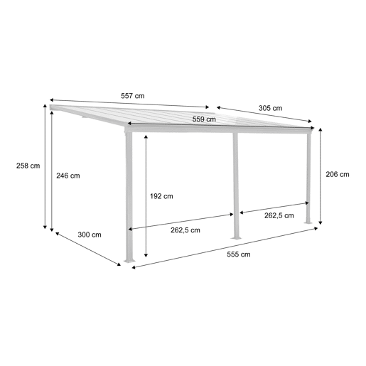 Pérgola 3x5m adossada alumínio com calha, Avenio, Antracite, 557x303x258 cm