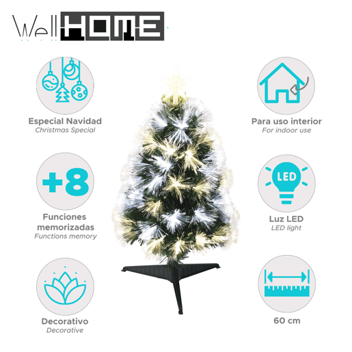 Árvore de Natal de fibra ótica com 60 luzes LED de cor quente.