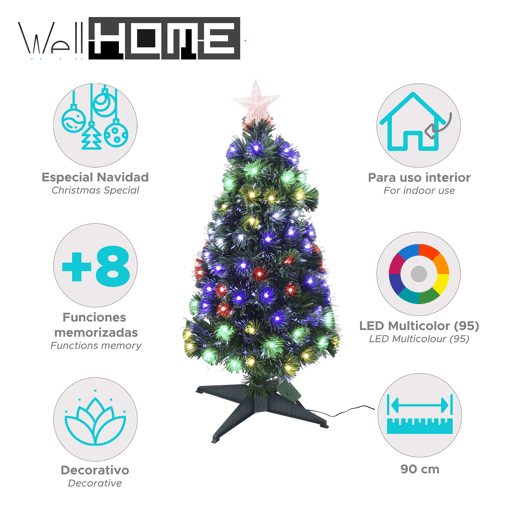 Árvore de Natal de fibra ótica com 95 luzes LED de cor quente e 8 funções.