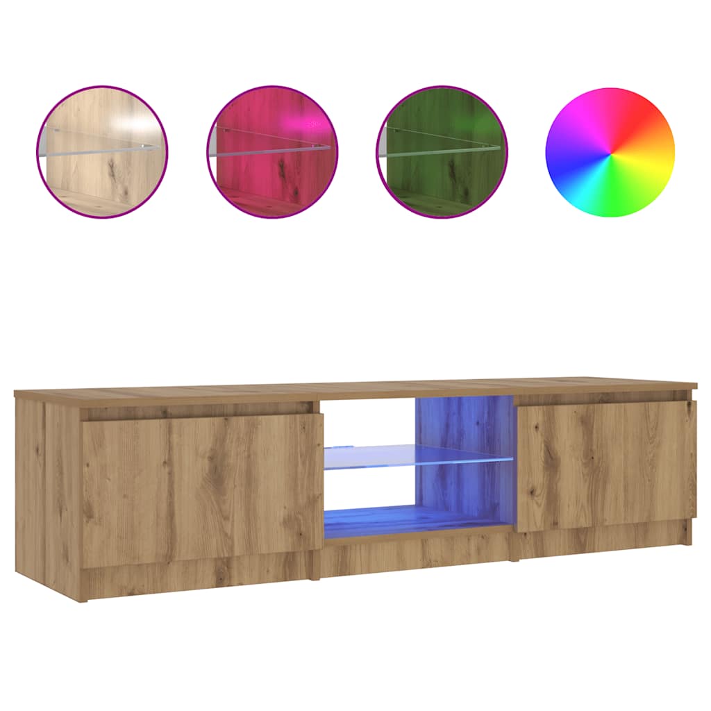 mueble de tv luces led madera roble artisan 140x40x36 cm
