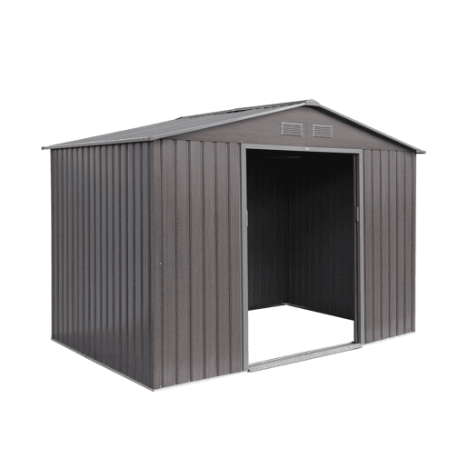 Abrigo de jardim em metal com kit de ancoragem 5,29m², Ferrain, Madeira cinza, 277x194x203 cm