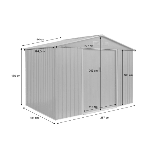 Abrigo de jardim em metal com kit de ancoragem 5,29m², Ferrain, Madeira cinza, 277x194x203 cm