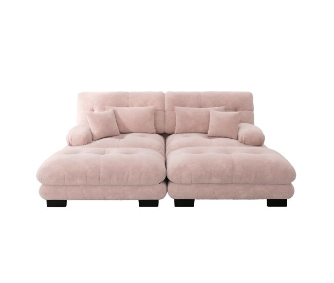 Sofá esquinero 2 plazas - chenille con 2 cojines lumbar y 2 cojines decorativos, con 2 otomanes - rosa