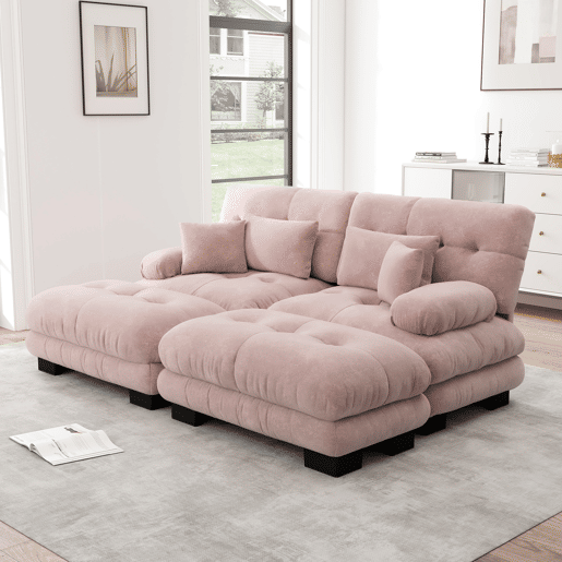 Sofá de canto 2 lugares - Chenille com 2 almofadas lombares e 2 almofadas decorativas, com 2 pufes - Rosa