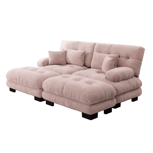 Sofá de canto 2 lugares - Chenille com 2 almofadas lombares e 2 almofadas decorativas, com 2 pufes - Rosa