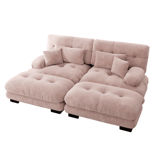 Sofá de canto 2 lugares - Chenille com 2 almofadas lombares e 2 almofadas decorativas, com 2 pufes - Rosa