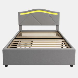 Cama estofada 90x200cm - Com estrado (sem colchão), Iluminação ambiente controlada por controlo remoto, Com duas gavetas, Encosto ajustável, Leinen, Minimalista - Cinza