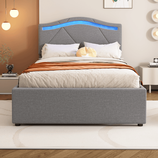 Cama estofada 90x200cm - Com estrado (sem colchão), Iluminação ambiente controlada por controlo remoto, Com duas gavetas, Encosto ajustável, Leinen, Minimalista - Cinza