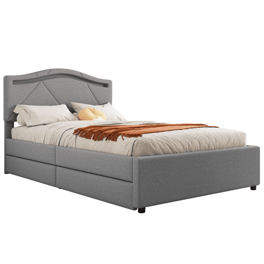 Cama estofada 90x200cm - Com estrado (sem colchão), Iluminação ambiente controlada por controlo remoto, Com duas gavetas, Encosto ajustável, Leinen, Minimalista - Cinza