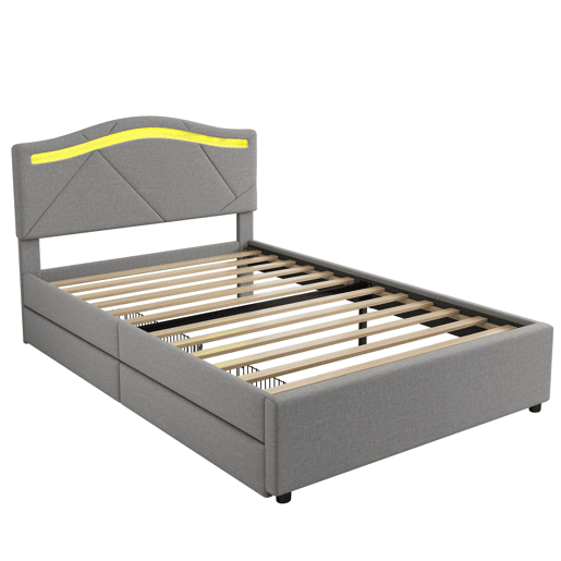 Cama estofada 90x200cm - Com estrado (sem colchão), Iluminação ambiente controlada por controlo remoto, Com duas gavetas, Encosto ajustável, Leinen, Minimalista - Cinza
