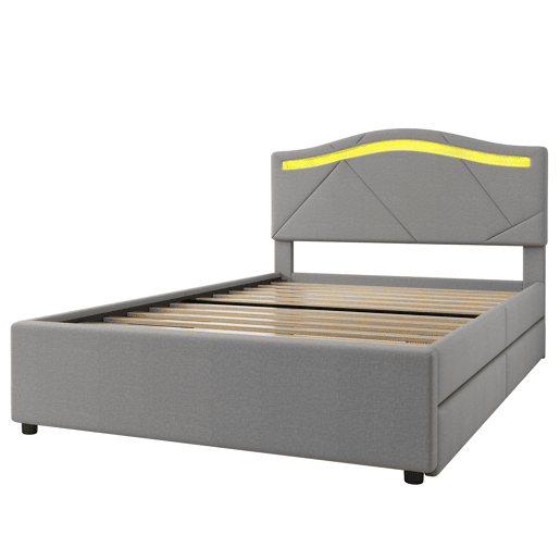 Cama estofada 90x200cm - Com estrado (sem colchão), Iluminação ambiente controlada por controlo remoto, Com duas gavetas, Encosto ajustável, Leinen, Minimalista - Cinza