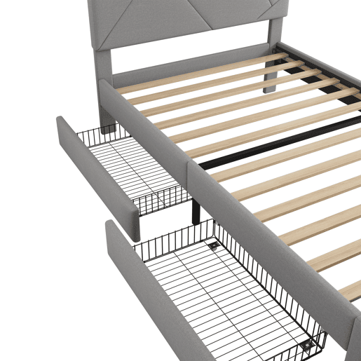 Cama estofada 90x200cm - Com estrado (sem colchão), Iluminação ambiente controlada por controlo remoto, Com duas gavetas, Encosto ajustável, Leinen, Minimalista - Cinza