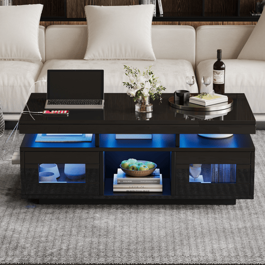Mesa de centro 100x50x43 cm - Com luzes LED controláveis por aplicação, mesa com armazenamento e portas de carregamento - Preto