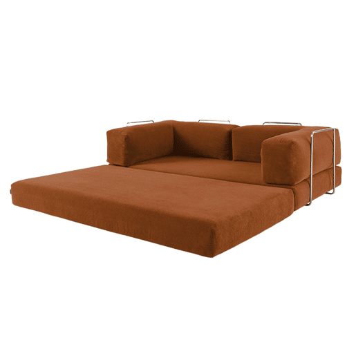 Sofá cama futon conversível em veludo canelado e estrutura cromada, 3 lugares, Seventies, Terracota, 200x100x72 cm