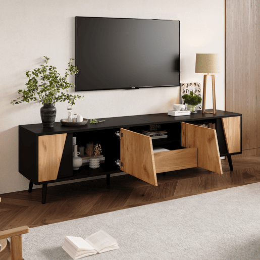 Móvel de TV 180x40x46 cm - Com gavetas e 2 armários - Minimalista com 6 pés de madeira maciça Móvel de TV 180x40x46 cm - Com gavetas e 2 armários - Minimalista com 6 pés de madeira maciça