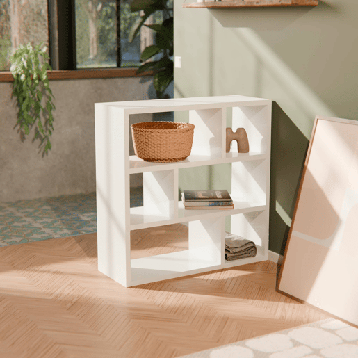 Estante assimétrica de 3 níveis com 6 compartimentos, Basiks, Branco, 111.2x39x115.2 cm