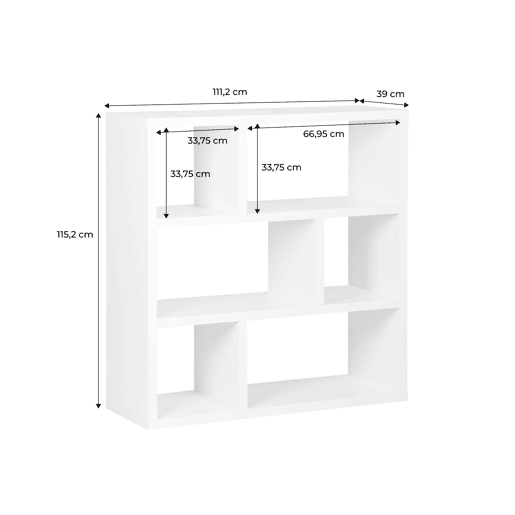 Estante assimétrica de 3 níveis com 6 compartimentos, Basiks, Branco, 111.2x39x115.2 cm