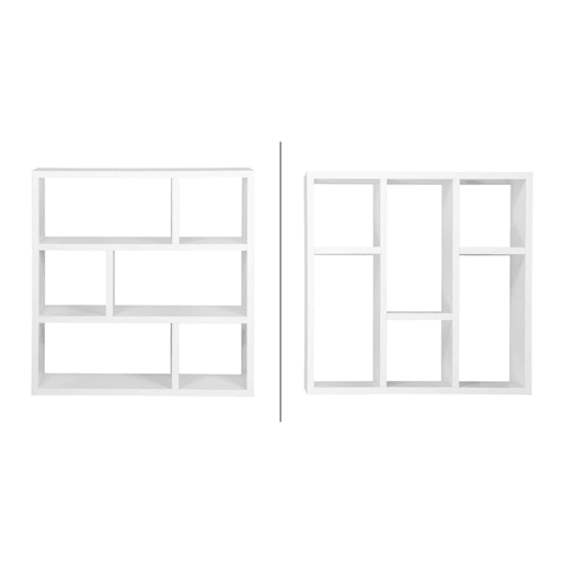 Estante assimétrica de 3 níveis com 6 compartimentos, Basiks, Branco, 111.2x39x115.2 cm