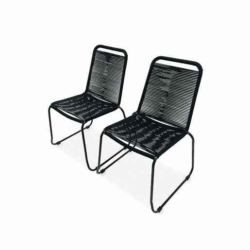 Cadeira de jardim em corda empilhável, set de 2, Brasilia, Preto, 59x55x85.5 cm