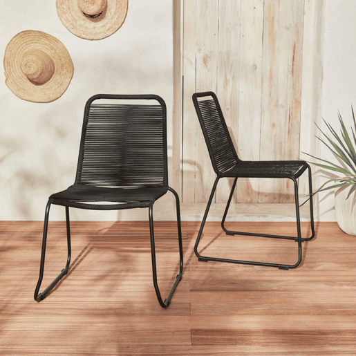 Cadeira de jardim em corda empilhável, set de 2, Brasilia, Preto, 59x55x85.5 cm