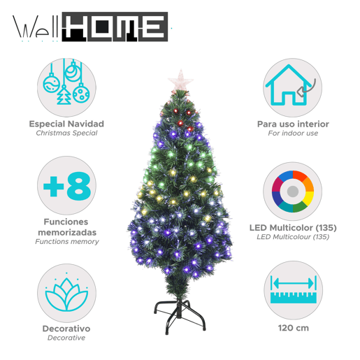 Árvore de Natal de fibra ótica com 135 luzes LED brancas quentes e 8 funções.