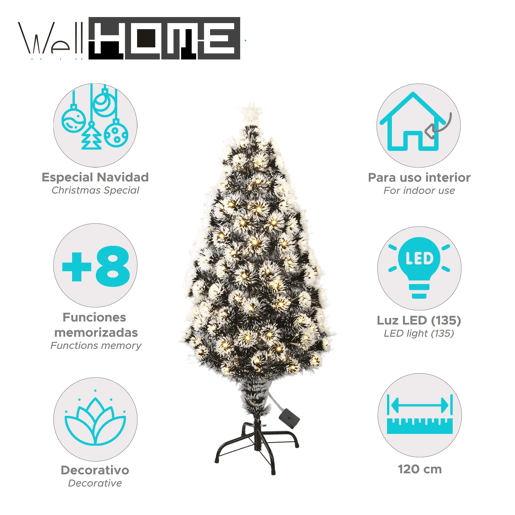 Árvore de Natal de fibra ótica com 135 luzes LED brancas quentes e 8 funções.