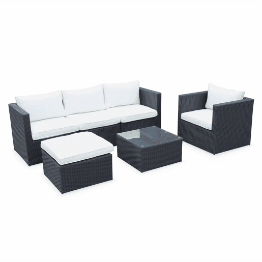 Conjunto de mobiliário de jardim em resina tecida de 5 lugares, Benito, Preto, 200.5x69.5x66 cm