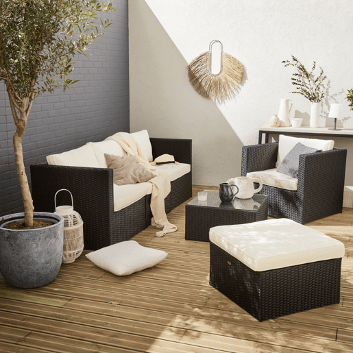 Conjunto de mobiliário de jardim em resina tecida de 5 lugares, Benito, Preto, 200.5x69.5x66 cm