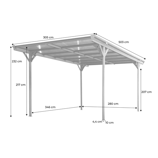 Cobertura para carro de alumínio e policarbonato 15m², Born, Antracite, 298.5x74x17 cm