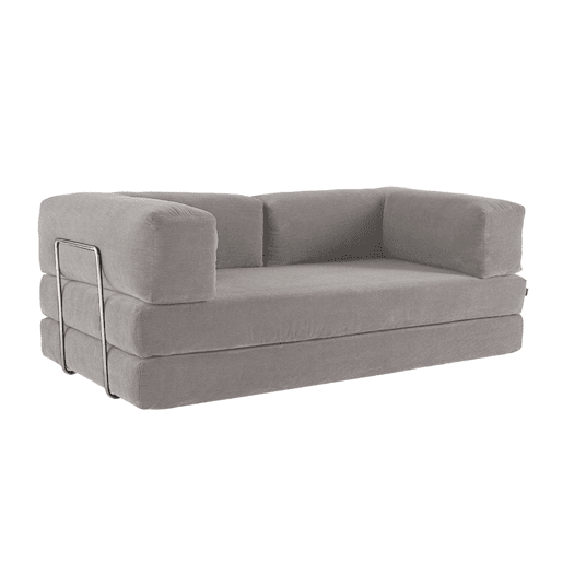 Sofá cama futon conversível em veludo canelado e estrutura cromada, 3 lugares, Seventies, Cinza Claro, 200x100x72 cm