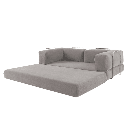 Sofá cama futon conversível em veludo canelado e estrutura cromada, 3 lugares, Seventies, Cinza Claro, 200x100x72 cm