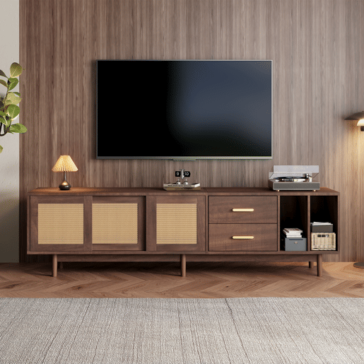 Móvel auxiliar 190x40x52 cm - Lowboard-TV-Schrank com 6 pés, com gavetas, para TVs de até 75 polegadas - Rattan castanho