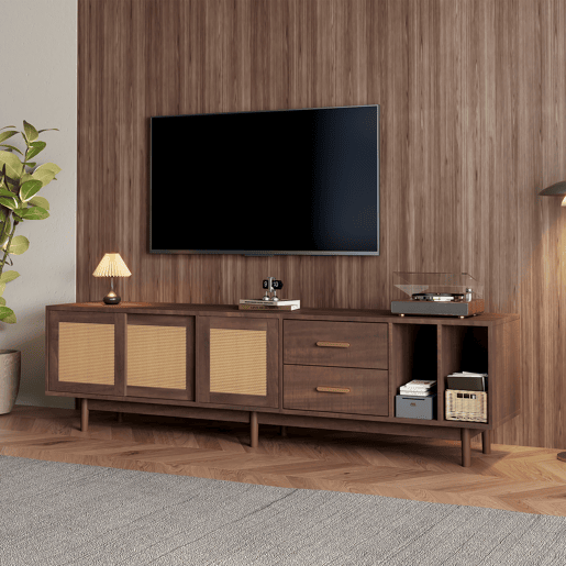 Móvel auxiliar 190x40x52 cm - Lowboard-TV-Schrank com 6 pés, com gavetas, para TVs de até 75 polegadas - Rattan castanho