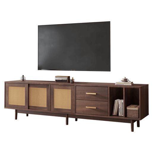 Móvel auxiliar 190x40x52 cm - Lowboard-TV-Schrank com 6 pés, com gavetas, para TVs de até 75 polegadas - Rattan castanho