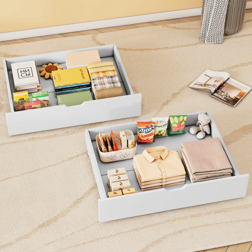 Gavetas para cama 93x66,5x20 cm - 2 gavetas, arrumação debaixo da cama, MDF + rodas, branco